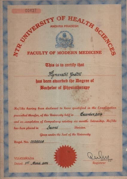 Bachelor of Physiotherapy (BPT), NTR University of Health Sciences, Andhra Pradesh