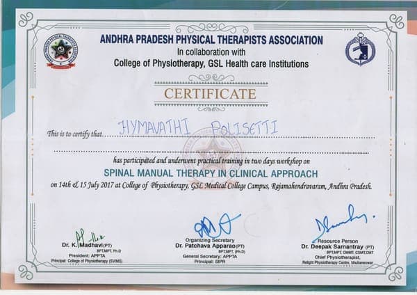 Spinal Manual Therapy in Clinical Approach, Andhra Pradesh Physical Therapists Association · GSL College of Physiotherapy