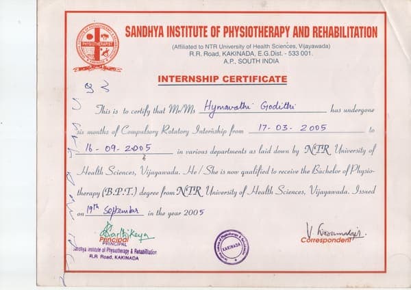 Compulsory Rotatory Internship, Sandhya Institute of Physiotherapy & Rehabilitation, Kakinada